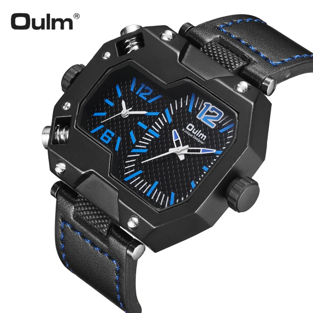 OULM военные кварцевые часы для мужчин с 2 часовыми поясами большой размер