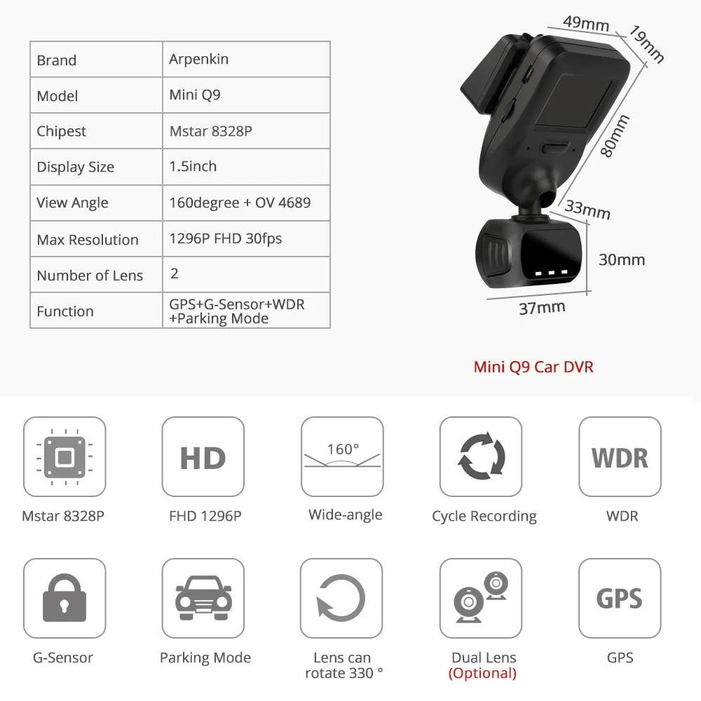 Arpenkin Mini Q9 Dash камера FHD 1296P режим парковки автомобиля gps Обнаружение движения поворот на 330 градусов камера Автомобильный видеорегистратор конденсаторы
