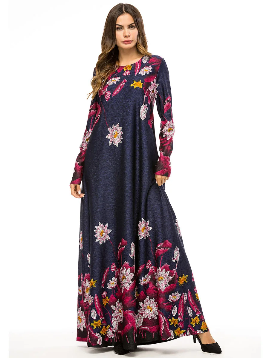 

Elegant Women Dress Print Floral Abaya Muslim Long Sleeve Robe Gowns Middle East Ramadan Tunic Vestidos Kimono Islamic Clothing