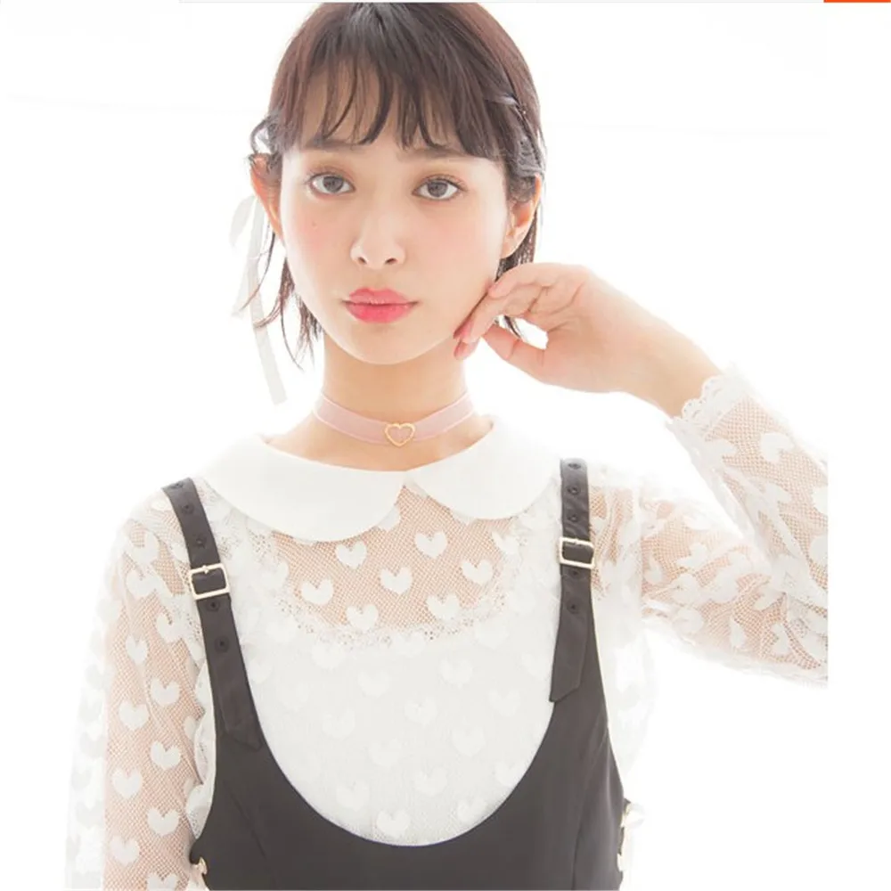 2020 японский стиль розовое кружево черная лента Персиковое Сердце ожерелье