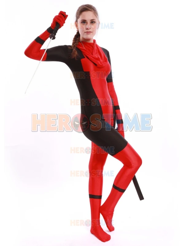 Для дам костюм с принтом Deadpool красный и черный спандекс Хэллоуин женский