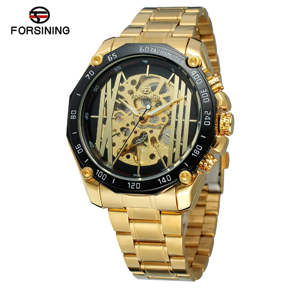 

FORSINING Watch Men Mechanical Automatic Skeleton Golden Bars And Big Roman Numbers Stainless Steel Band Wristwatch FSG8068M4