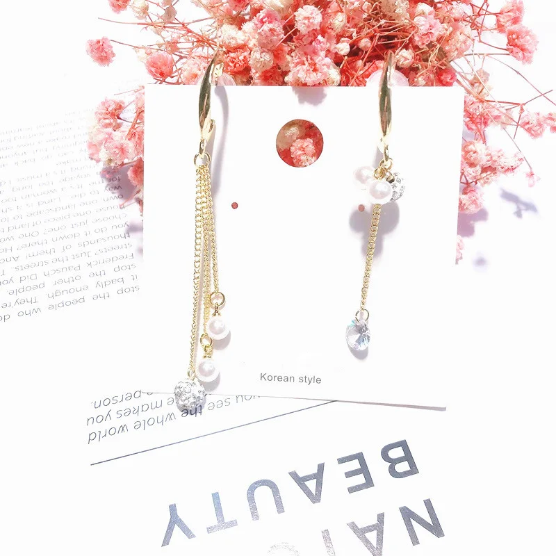 2019 New Fashion Women Asymmetric Cirle Zircon Drop Earrings Long Chain Tassel Simulated Pearl Beads Korean Pendientes Jewelry | Украшения