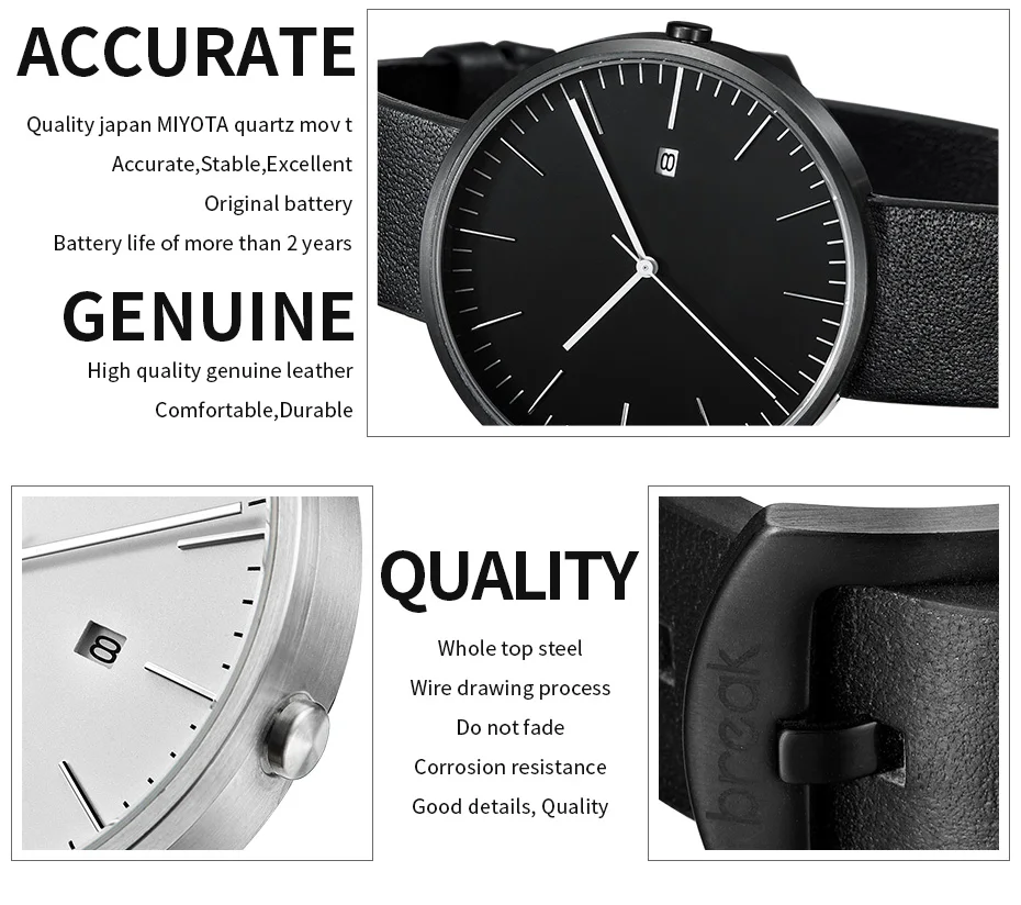 

Relogio Masculino 3ATM BREAK Unisex Genuine Leather Strap Minimalist Fashion Casual Business Quartz Wrist Watches For Women Men