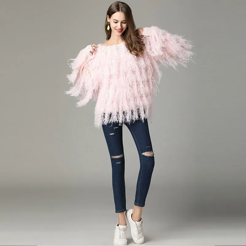 Willstage Winter Pink Sweater Women Feather Long Sleeve Tassel Pullovers Elegant O neck Knitted Tops 2019 Autumn Clothes Female | Женская