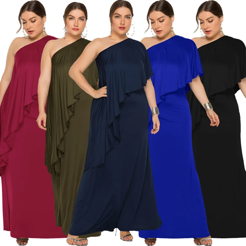 

New arrival women's dress plus size one sloping shoulder fashion ruffles summer dress European and American style for ladies