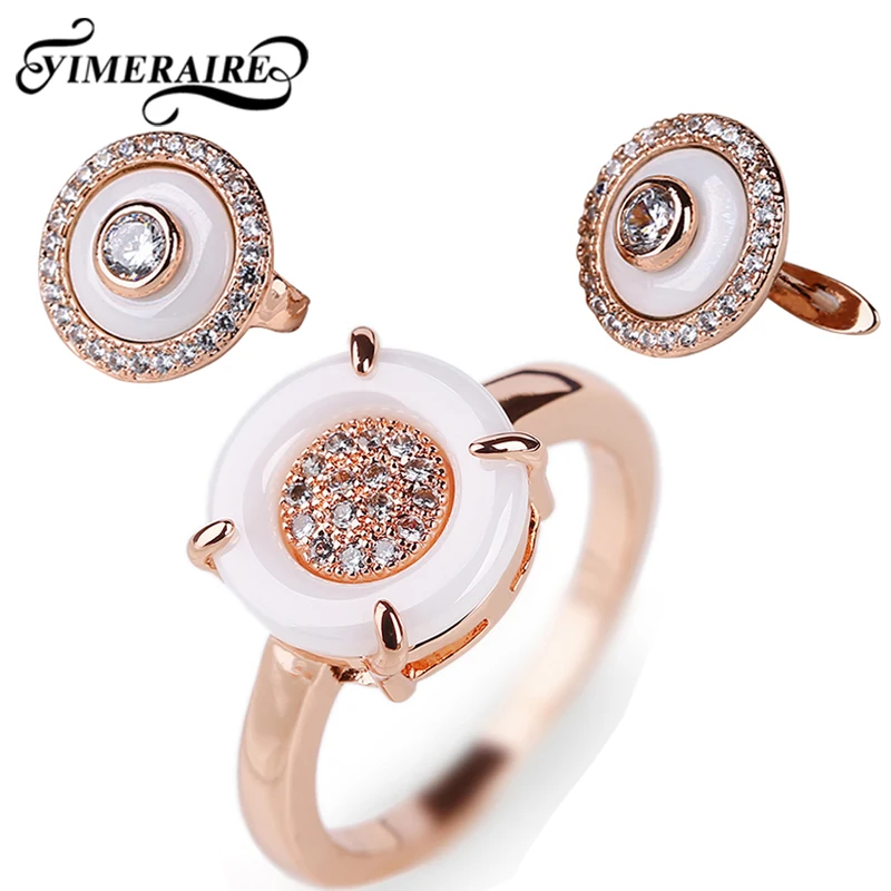 

New 585 Rose Gold Round Crystal Women Jewelry Set Elegant U Shaped Stud Earrings Rhinestone Rings For Women Lady Wedding Jewelry