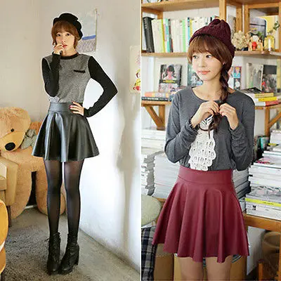 

New Fashion Ladies Faux Leather Short Pleated Skater Skirt
