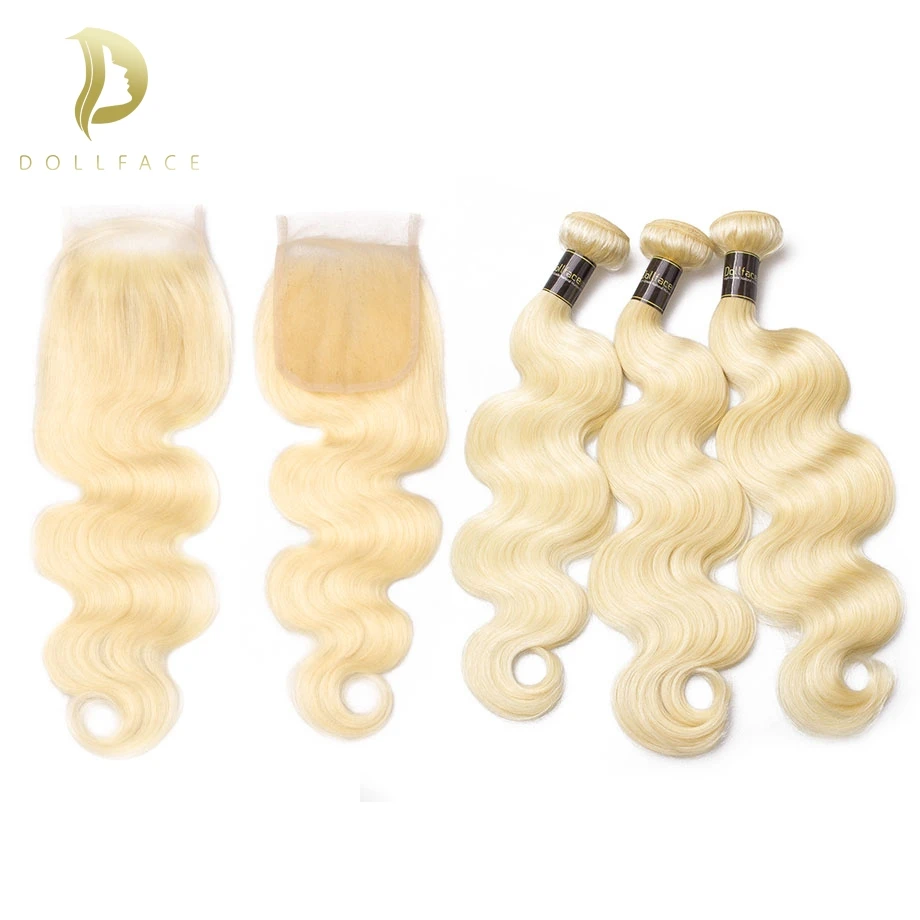 Блонд 613 пучков с закрытием волнистые бразильские пучки волос 3 4 человеческих