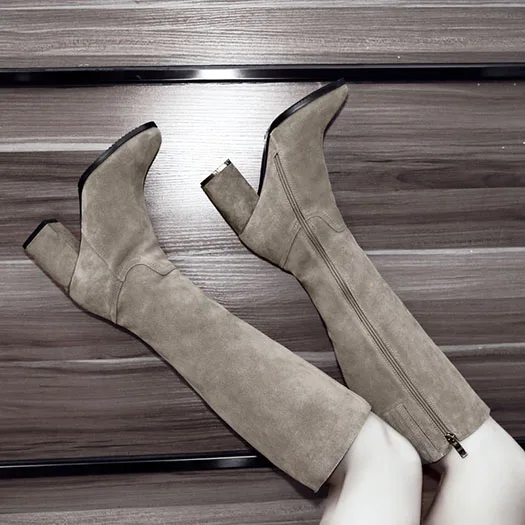 Khaki High Heel Shoes Brand Women Winter Boots Genuine Leather Knee Long Luxury Riding Chunky Autumn Equestrian Round Toe Suede - Цвет: Khaki