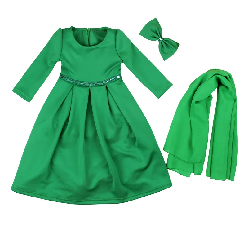 Muslim Girls Long Sleeve Dress+Headwear + Bow Three-Piece Suits Robe Enfant Fille Children Clothing Spring Autumn Dresses | Детская