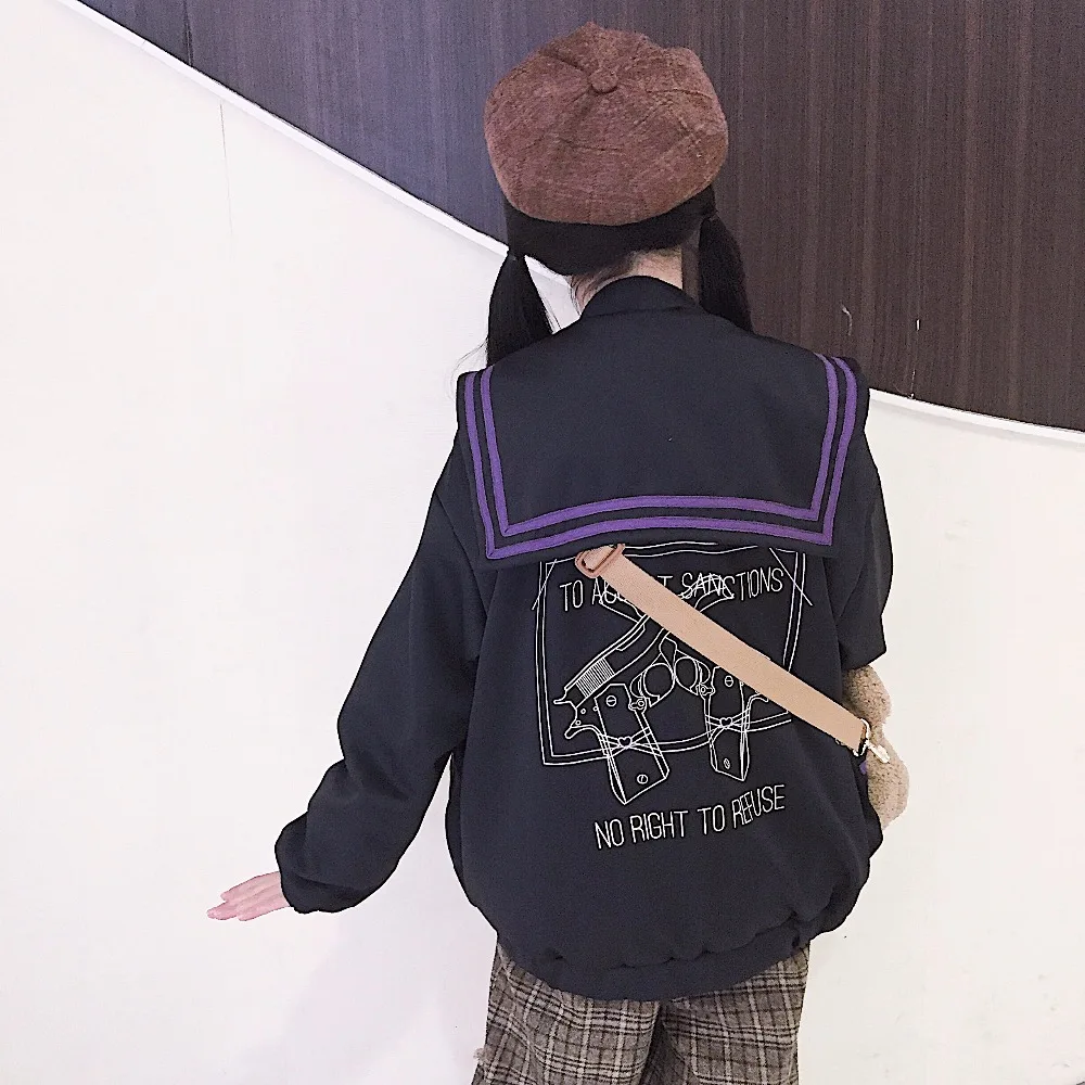 

Harajuku Gunner Girls Navy Collar Loose Black Jacket Soft Sister Spring Women's Baseball Uniform Flying Wear Japan Coat Outwear