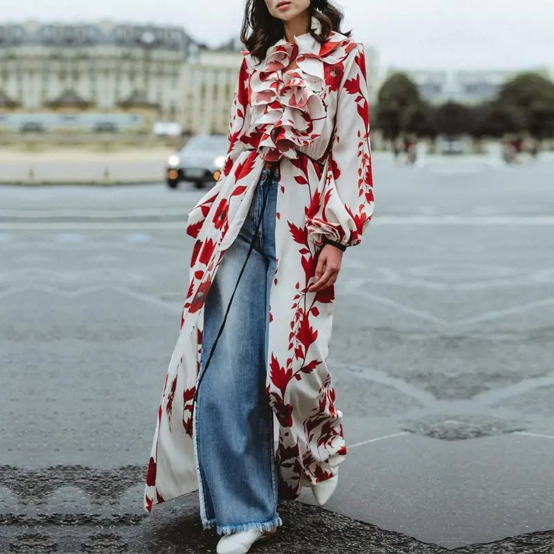 Женская Длинная Блузка Boho с цветочным принтом свободная оборками кимоно