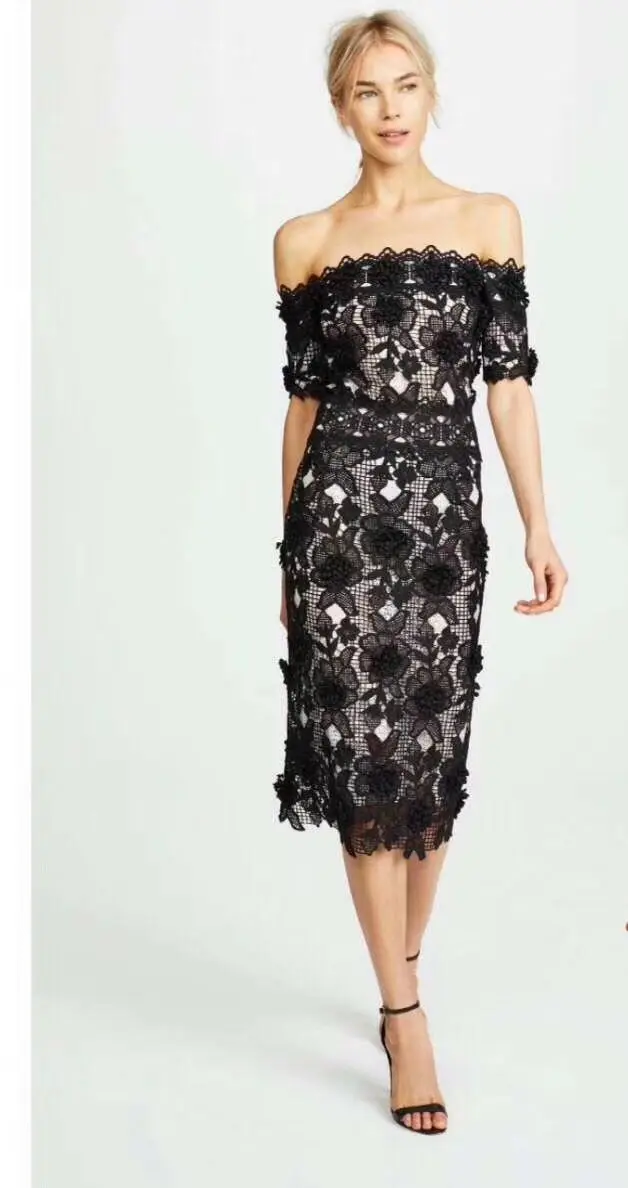 

Vestidos fashion Women black Lace Bandage dress 2019 New Slash neck short sleeve bodycon Celebrity evening Party dresses
