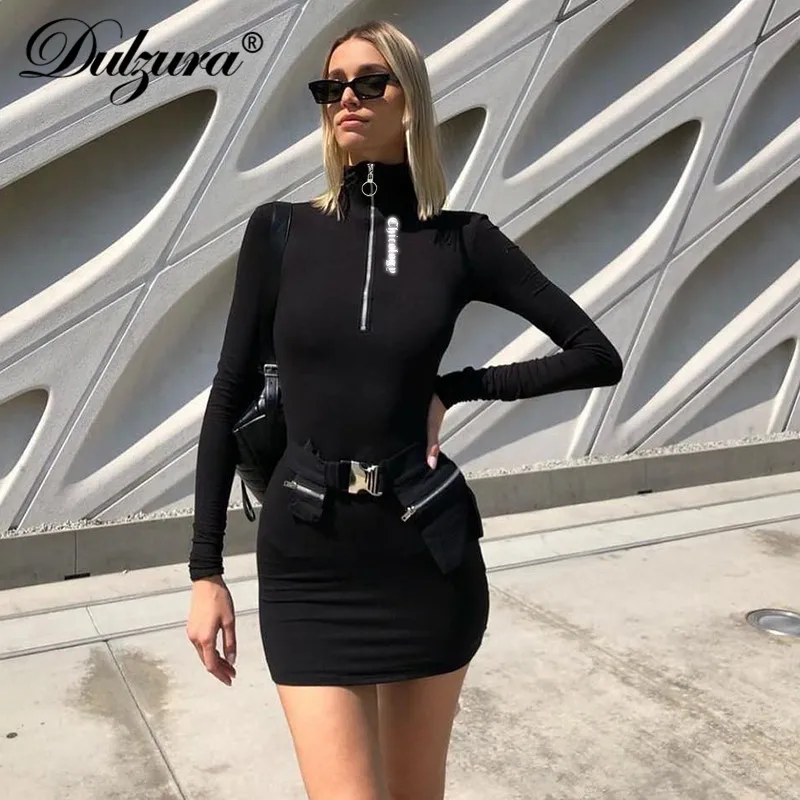 Dulzura, осенне-зимнее женское платье, светоотражающее, облегающее, уличная одежда, сексуальная одежда, мини платье для вечеринки, с длинным рукавом, на молнии