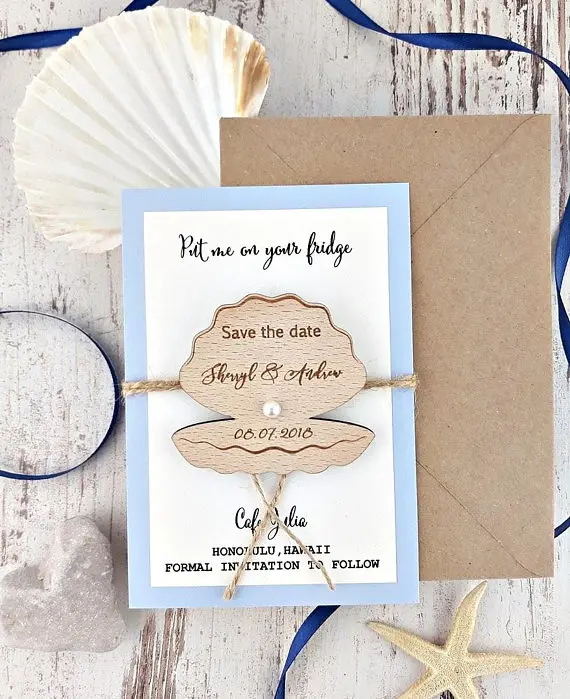 

personalized seashell Wedding Announcement invitation cards with wooden Save the Date Magnets engagement party favors gifts