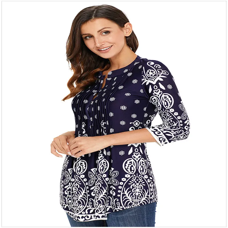 

Long-sleeved, round neck, pleated, large-size printed T-shirt in European and American women's wear t shirt streetwear