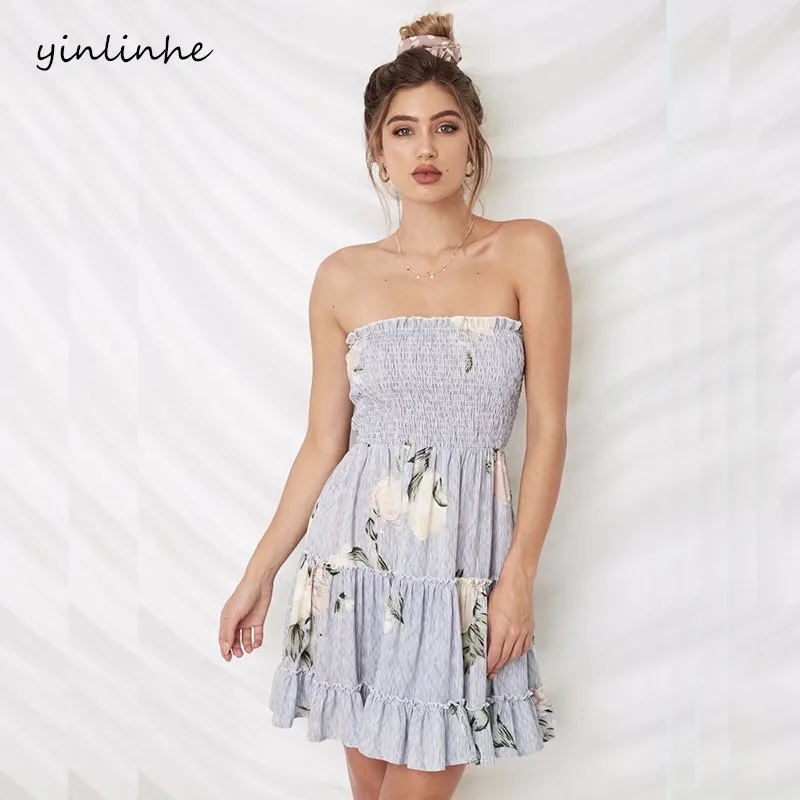 Yinlinhe с открытыми плечами летнее платье без рукавов 2018 эластичность Sexy цветочные