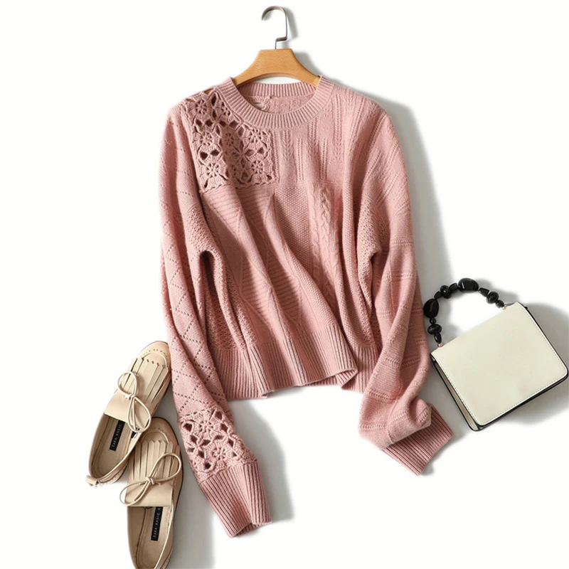 New O Neck Pink Knitted Sweater Women 100% Cashmere Jumper Female Autumn Long Sleeve Plus Size Hollow Out Tops | Женская одежда