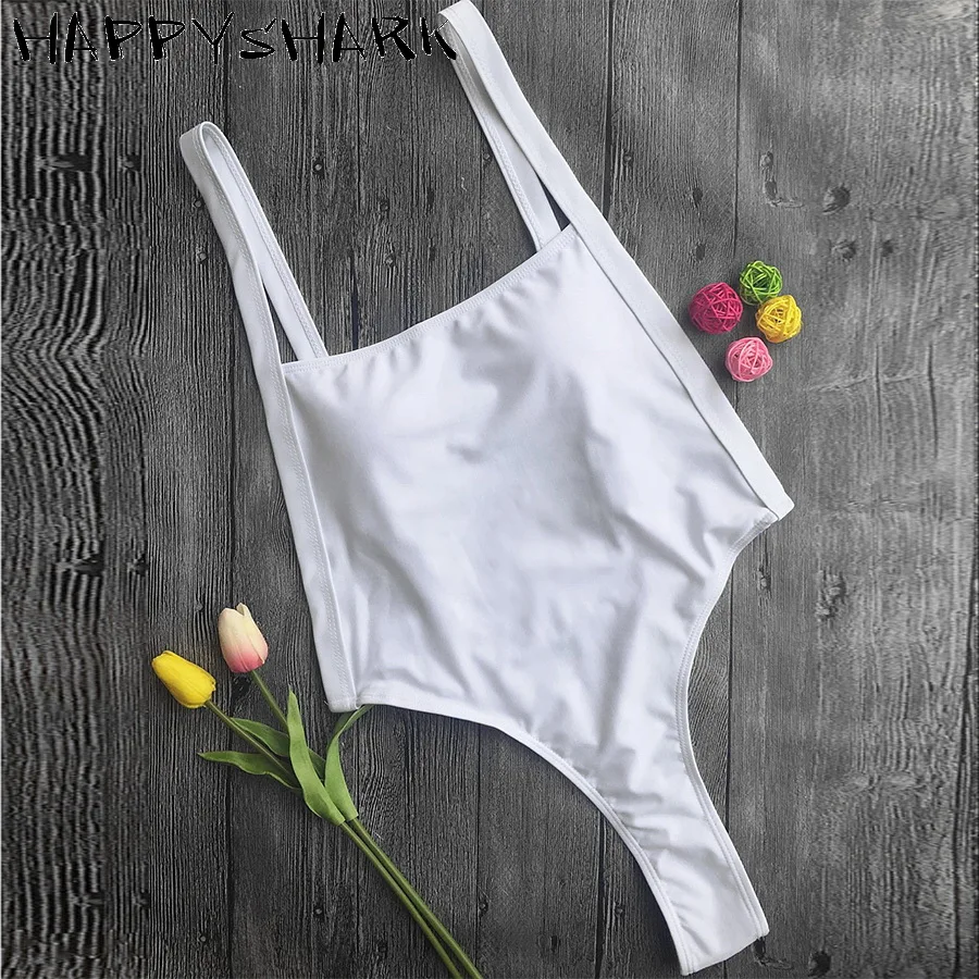 

HAPPYSHARK монокини с высоким вырезом 2018 новый сексуальный цельный купальник с открытой спиной Однотонный черный белый купальник пляжная одежд...