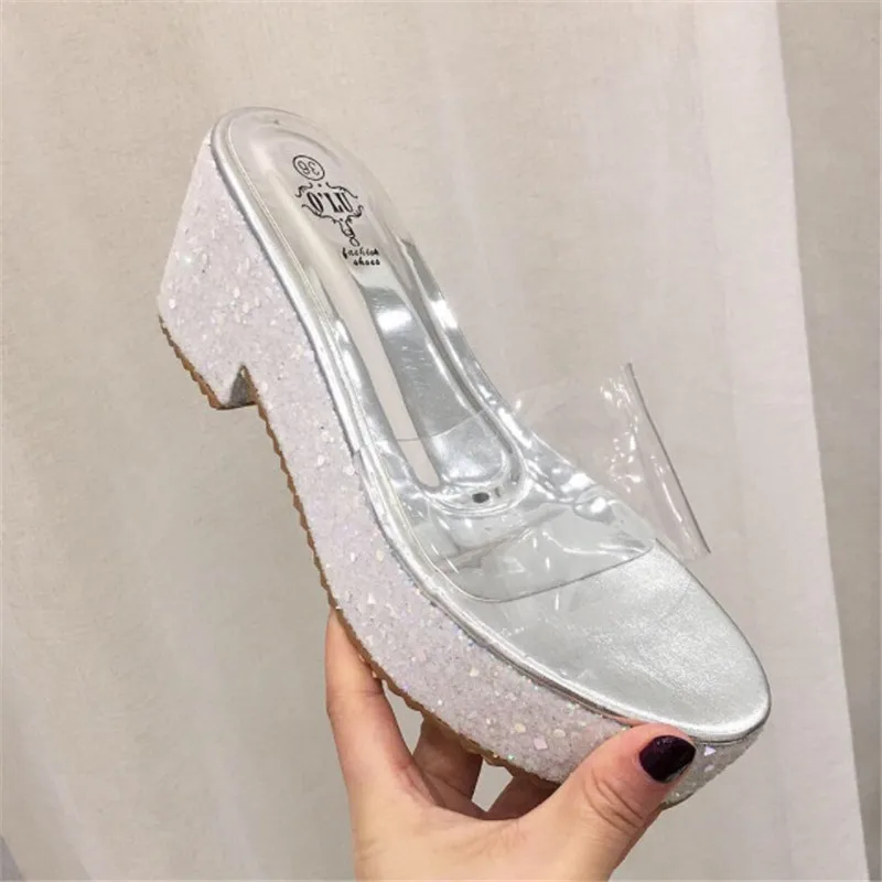 Модные блестящие босоножки на платформе женская прозрачная обувь высоком