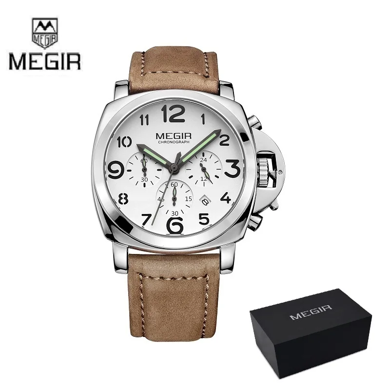 3406 BROWN PLUS Мужские кварцевые часы MEGIR с большим циферблатом, хронограф, военные часы, светящиеся, Relogio Masculino Saat 3406, механические часы 3206 - Цвет: 3406 BROWN PLUS