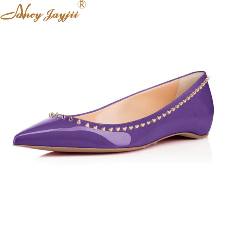 

Purple Rivets Sexy Patent Leather Autumn Womens Shoes Beige Sole Pointy Toe Ballerinas Ladies Flats Sapato Bride&Party Shoes