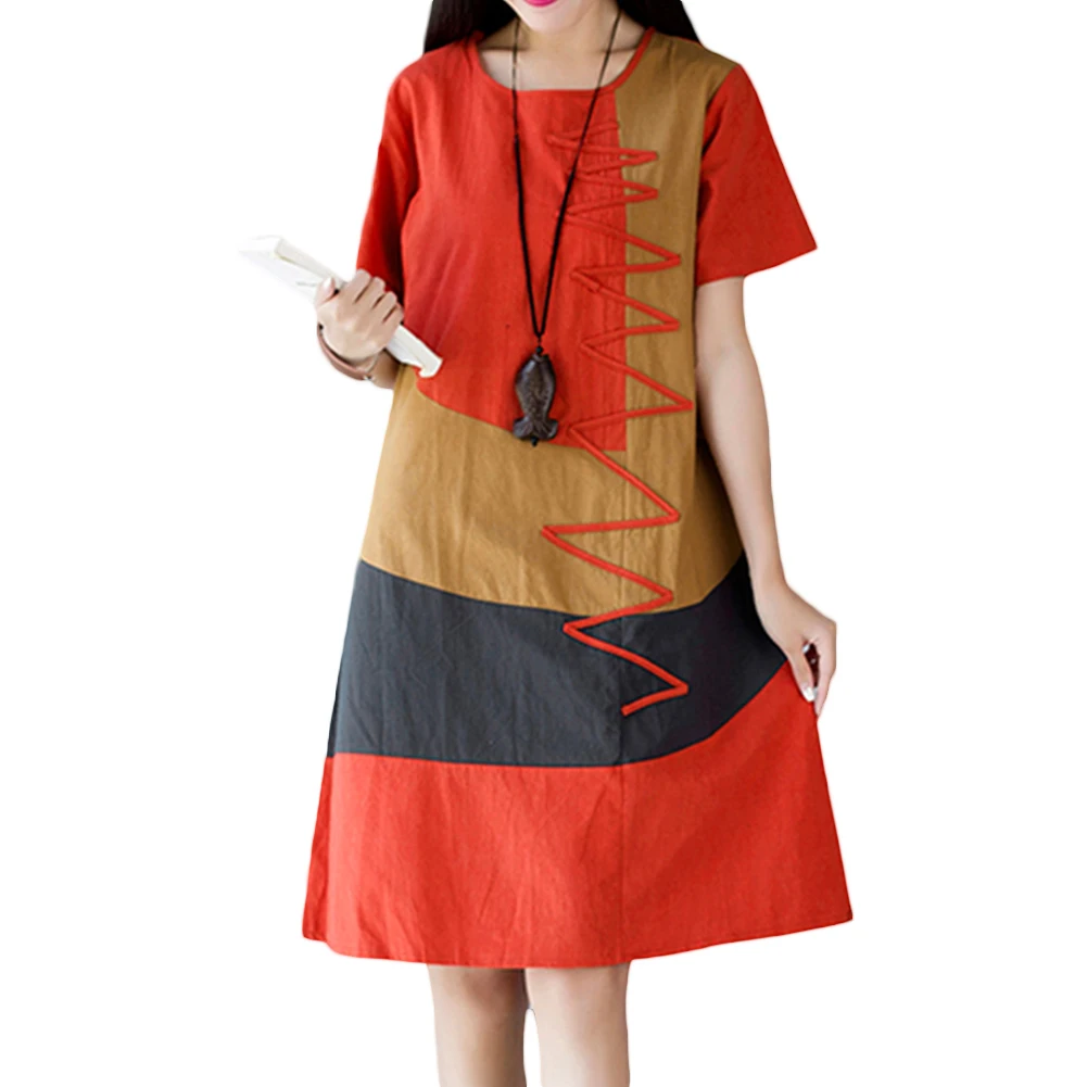 

New Round neck women dresses linen dress Vintage short sleeve button sash dress Casual streetwear summer dress vestido