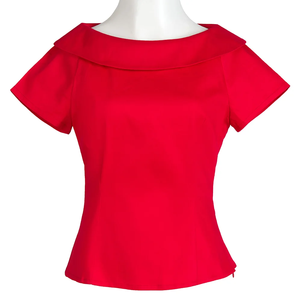 

Wholesale 2018 New Fashion Blusas Blouse Red Peter Pan Collar Button Women Elegant Top Summer Short Sleeve Plain Workwear Blouse