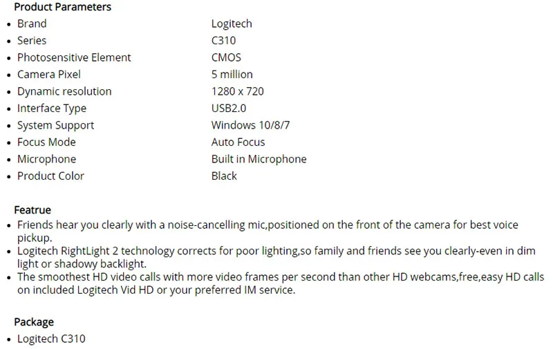 Оригинальная веб-камера logitech C310 HD 720 P/30FPS с автофокусом веб-камера с фотографиями 5 Мп Встроенный микрофон