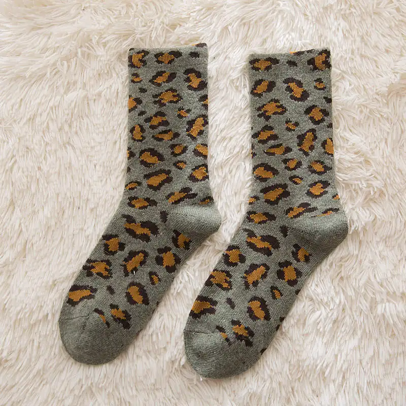 

Wool Women Mid Socks With Print Leopard Thick Keep Warm Sock Elasticity Breathable Happy Socks Women Streetwear