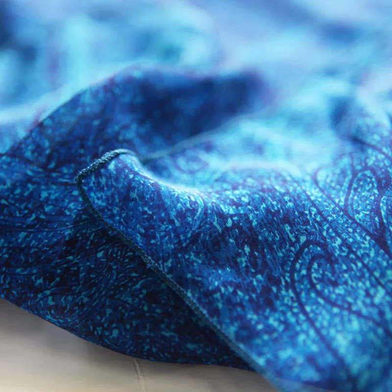 Платья VOA с шелковым принтом женские модные сексуальные тонкие синие коротким