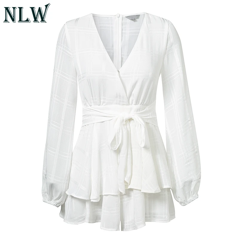NLW с длинным рукавом рюшами сексуальный белый комбинезон бантом Повседневный