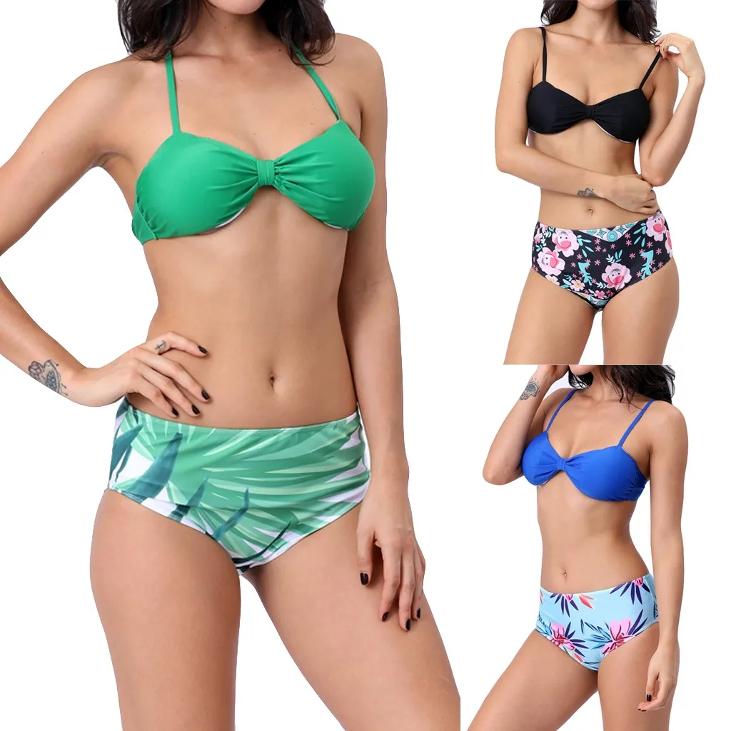 Сексуальный купальник твердых зеленые черные синие топ с бантом рисунком в виде