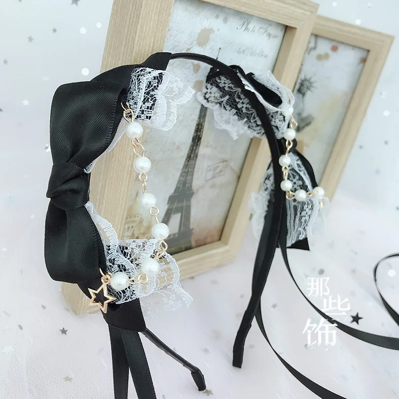 Японский DIY аксессуары для волос Лолита двусторонний бант лента повязка Мягкая сестра Лолита KC повязка на голову шпилька - Цвет: Black