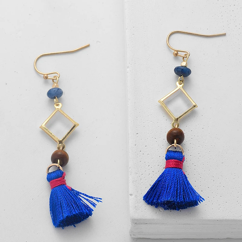 Богемные синие висячие серьги с кисточками для женщин элегантные деревянные