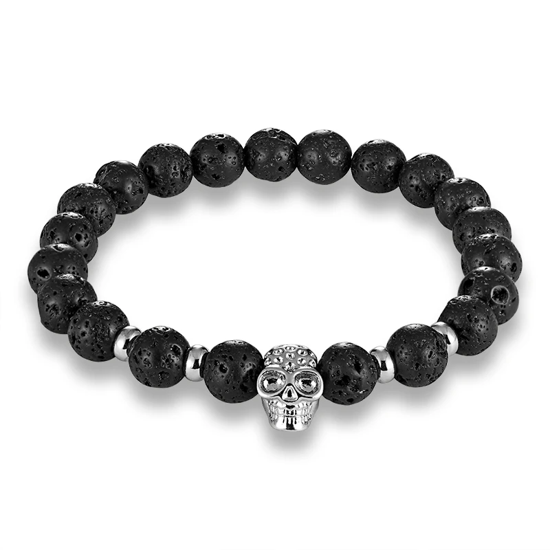 

LIVVY Volcanic rock punk skull bracelet set elastic black beads charm bracelet male or female accessories jewelry AS714