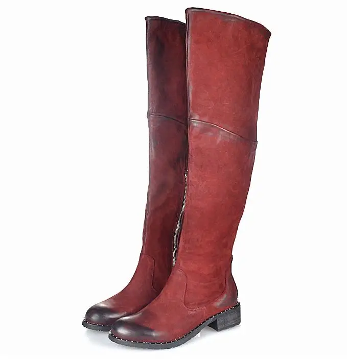 wine red leather in Prova Perfetto; женские сапоги до бедра из овечьей кожи; Сапоги выше колена с заклепками и шипами; однотонные сапоги martin на плоской подошве; высокие сапоги; Botas Mujer - Цвет: wine red leather in