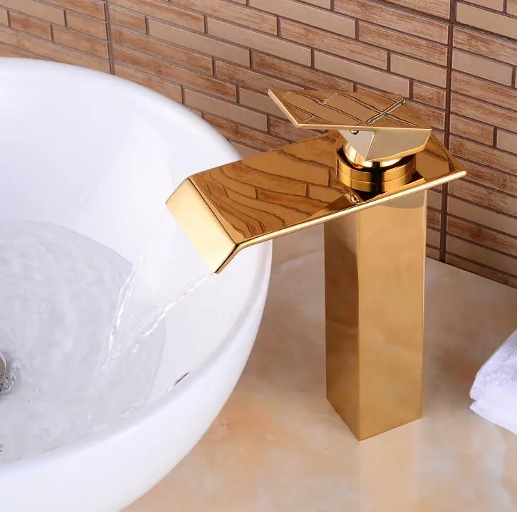 Бесплатная доставка высокий водопад Широкий носик Золотой стиль латунный