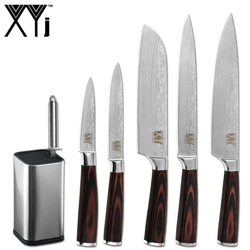 B.7Pcs Set XYj 8 ''7'' 5 ''3,5'' набор кухонных ножей из нержавеющей стали с Дамасским узором, ножи шеф-повара сантоку 11 ''подставка для кухонных ножей, инструменты - Цвет: B.7Pcs Set