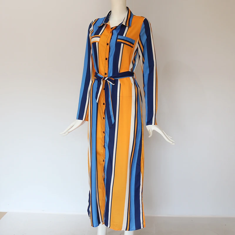 

DY Autumn Women Dress Striped Long Sleeve Maxi Dress Turn Down Collar Belt Beach Dress Buttons Loose Casual Vestidos Mujer 2019