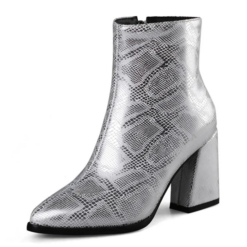 Snake Ankle Boots Women Autumn Winter Lady High Heels A275 Fashion Woman Gold Silver Brown Red Buckle Zipper Pointed Toe Shoes - Цвет: Silver