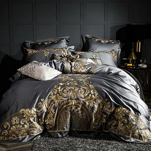 Color 2 1000TC роскошный Египетский хлопок пододеяльник набор простыня подушка shams потертый шик Вышивка Комплект постельного белья красный серый King queen размер - Цвет: Color 2