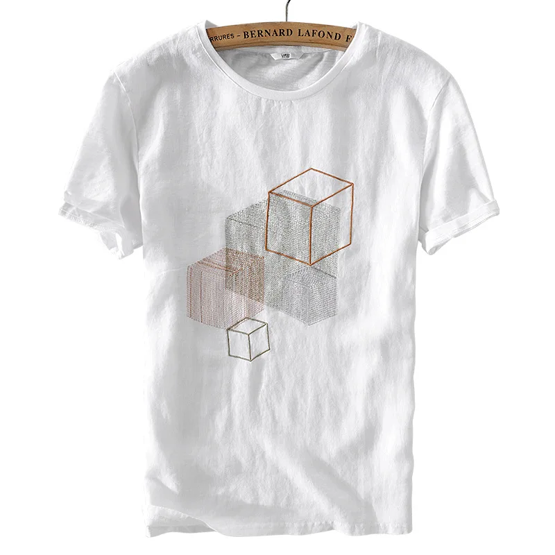 Dou 2018 New Shirt Men T Shirts Top Linen Fashion Slim stretch Vintage Casual white Loose Round neck Breathable Beach | Мужская одежда