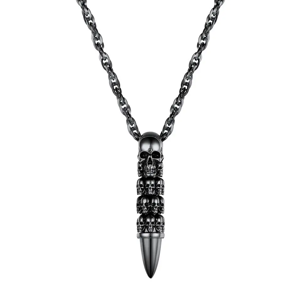 U7 Bullet Skull Necklace for Men Punk Rock Biker Stainless Steel Jewelry Choker Accessories with 55cm Water-wave Chain P1121 - Окраска металла: Black Color