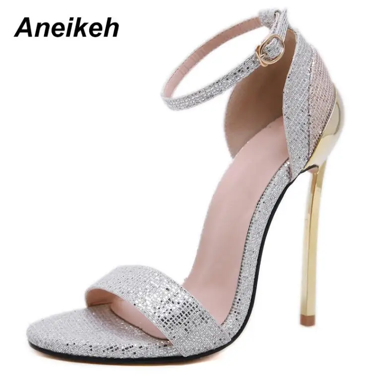 Silver Aneikeh/модные шикарные женские Босоножки на каблуке; туфли-лодочки с открытым носком на шпильке с ремешком на щиколотке в римском стиле; вечерние туфли на высоком каблуке 14,5 см; размер 42 - Цвет: Silver
