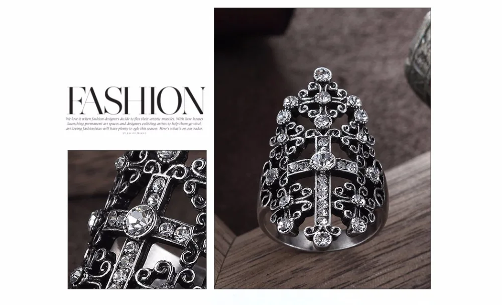 Viennois серебро Цвет Vintage Cross Кольца для женщин Ретро готический кольцо со стразами Широкий Партия кольца