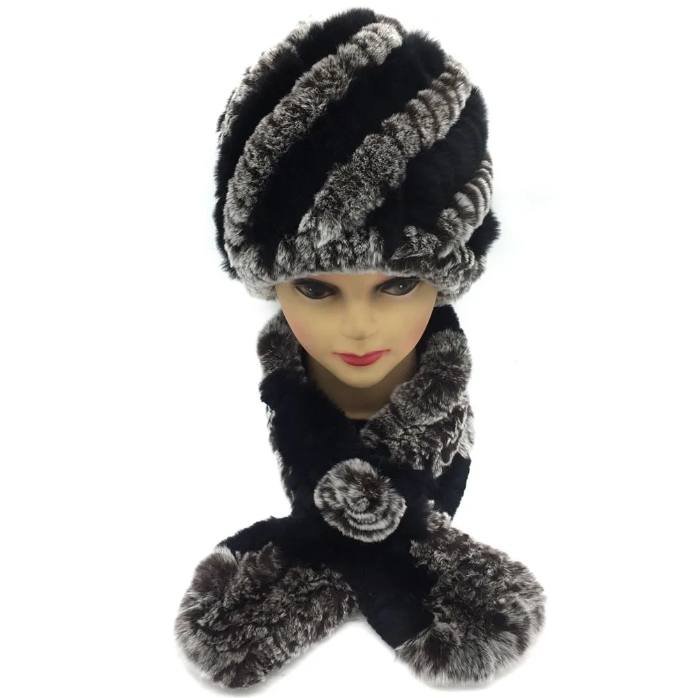 Зимняя женская теплая шапка из натурального меха кролика рекс с шарфом комплект 2