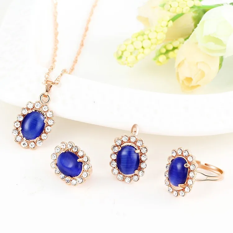 New Wholesale Women Jewelry Set Gold Color Lovely Navy Blue Crystal Flower Earring Necklace Ring 3 Pcs Gift | Украшения и