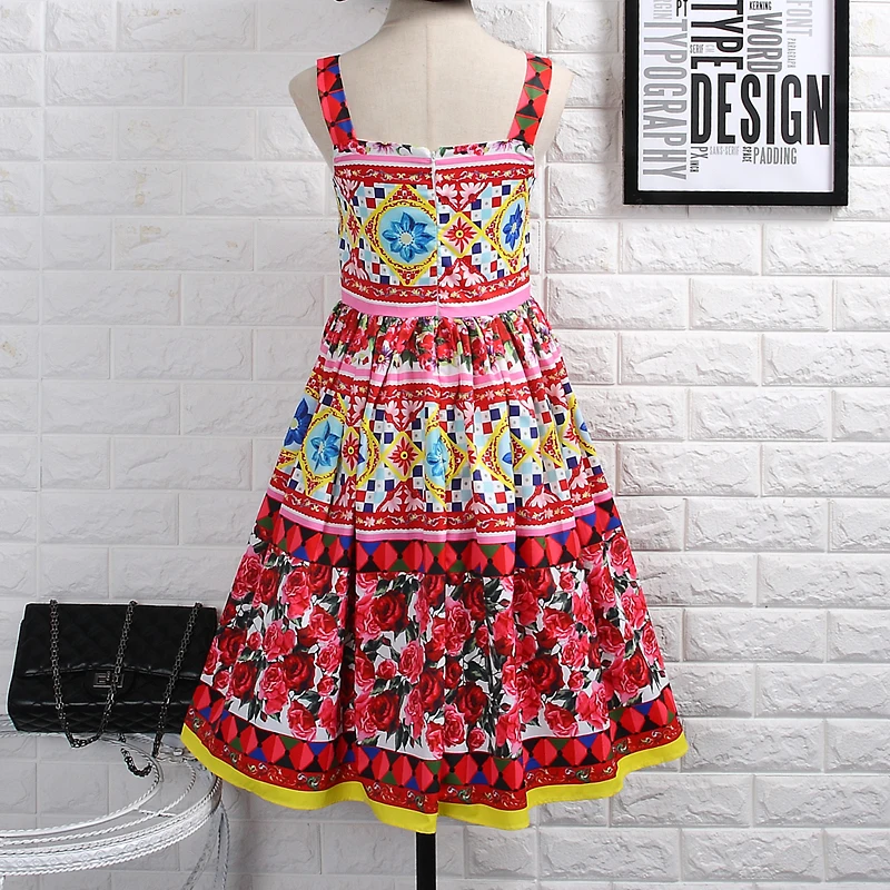 [Alphalmoda] Женская изящная роза печатных бальное платье Высокая талия однобортный